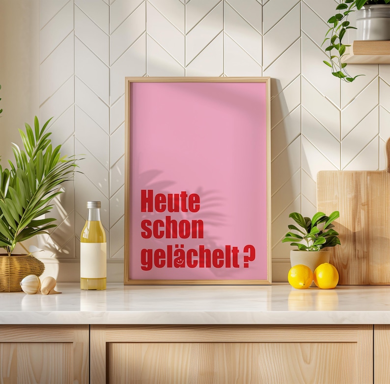 Have You Smiled Today? poster in red and pink tones with positive typography design. Modern wall art for home office, living room, or as a cheerful happiness gift.