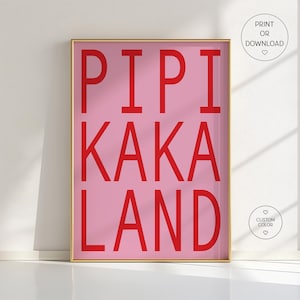 Poster Pipikakaland – Divertente decorazione da parete per il bagno per bambini, adolescenti o famiglie, tipografia rossa su rosa, originale decorazione per il bagno, stampa tipografica audace