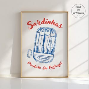 Poster di sardine – Arte murale di sardine portoghesi – Decorazione da cucina retrò – Illustrazione di una lattina di pesce azzurro – Prodotto del Portogallo