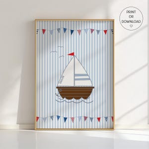 Decorazione murale per cameretta con barca a vela – Poster nautico per cameretta con bandierine e sfondo a righe – Decorazione per cameretta, stampa costiera per cameretta