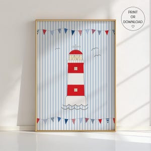 Decorazione murale per cameretta dei bambini con faro - Poster con faro rosso e bianco con bandierine - Decorazione costiera per cameretta dei bambini - Nautical Baby, tutti i colori disponibili