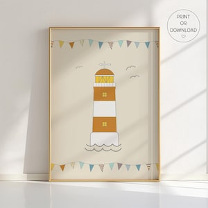 Lighthouse Nursery Poster: Nautical Coastal Decor with Bunting
