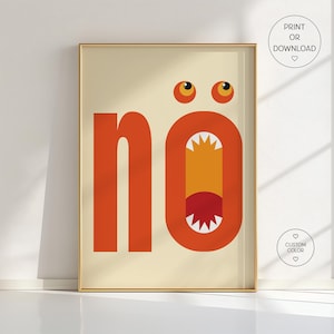 Poster "No Monster Nursery" - Divertente stampa murale arancione per la cameretta dei bambini, la sala giochi o la cameretta del neonato, con un simpatico mostro, colori personalizzabili disponibili.