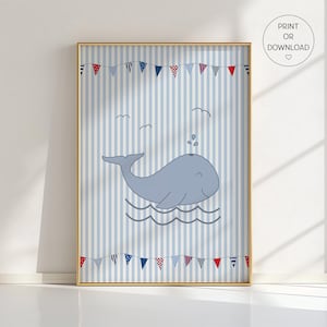Poster per cameretta con balena – Decorazione murale nautica per cameretta – Bandierine rosse, bianche e blu – Decorazione per cameretta neonato – Stampa con animali dell'oceano