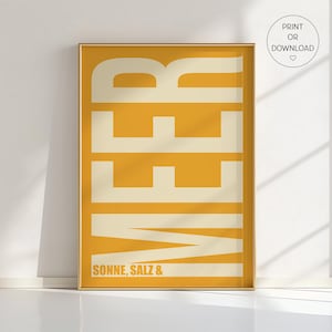 Stampa tipografica "Sole, Sale e Mare" - Decorazione con dopamina gialla, arte murale costiera, poster estivo da spiaggia, citazione audace sull'oceano, regalo per una casa felice