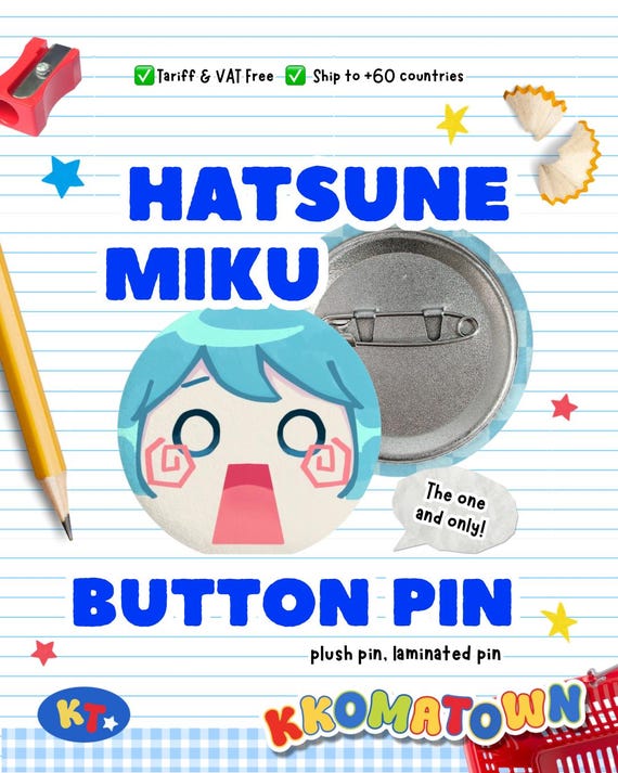 VOCALOID: Hatsune Miku Ievan Polkka | Plush Badge Button Pin | Fan Merch Anime Cute Gift Kawaii Music Idol Accessory