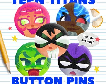 TEEN TITANS: Robin, Cyborg, Starfire, Raven, Beast Boy | Plush Badge Button Pin | Fan Merch Anime Cartion Cute Gift Kawaii Accessory