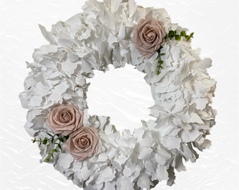 Shabby Chic Rag Wreath, White Muslin, Rose Accents, Handmade