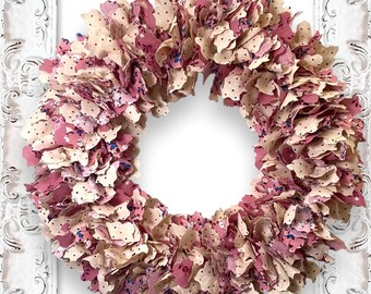 Handmade Pink Floral Rag Wreath, Spring Summer Door Decor (16-18 inch)