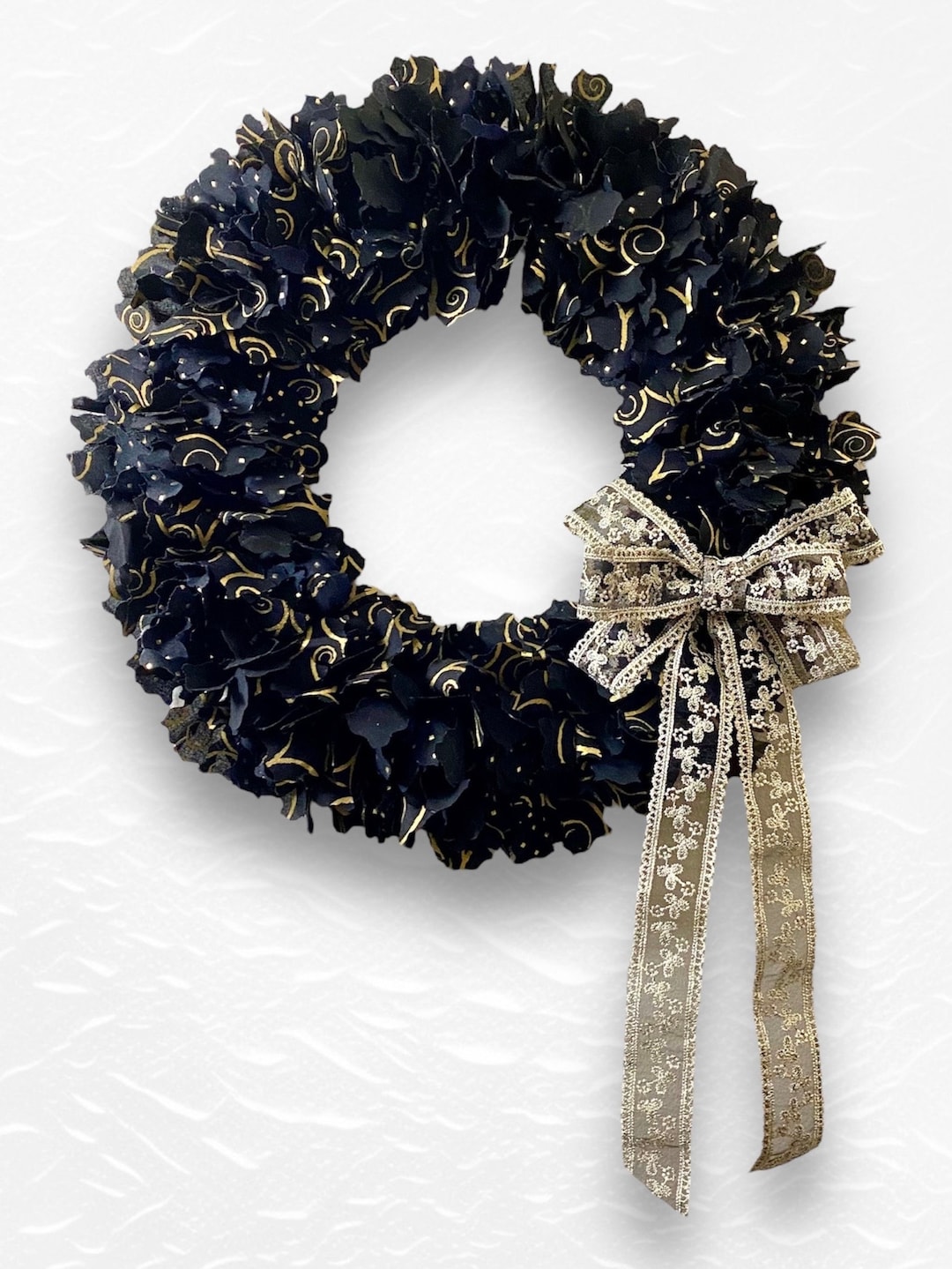 Black and Gold Rag Wreath, Shabby Chic Home Decor, Lace Bow - Etsy