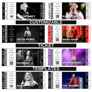 May include: Four customizable concert ticket templates featuring images of Taylor Swift, Billie Eilish, Justin Bieber, Bruno Mars, Rihanna, Ariana Grande, Adele, and The Weeknd. Each template includes fields for name, date, location, and a message.