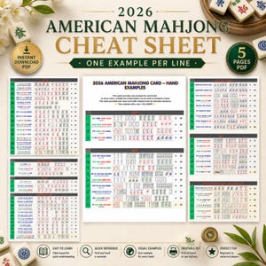 Könnte beinhalten: Ein digitales American Mahjong Cheat Sheet mit dem Titel "2026 AMERICAN MAHJONG CHEAT SHEET". Das PDF enthält Handbeispiele, eine Kurzübersicht und visuelle Beispiele. Es ist für Anfänger bis Fortgeschrittene konzipiert.
