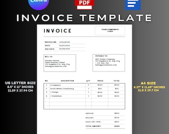 Invoice Template | Clean & Professional Design | Customizable - Instant Download | Printable - Easy to Use | Minimalist Invoice Template