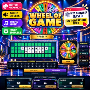 May include: A digital game interface titled Wheel of Game featuring a large colorful prize wheel, a letter board displaying the text Stranger Things, a virtual keyboard, player score panels, and control buttons for sound and round navigation.