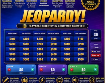 Redigerbart Jeopardy-spel | JEOPARTY-spel | Interaktiv spelkväll | Perfekt för vuxna - barn | Anpassningsbart spel | Festkväll