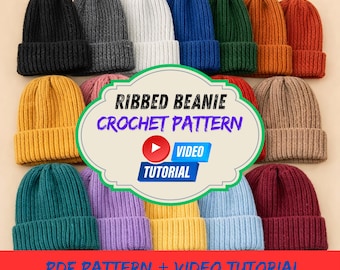 Easy Crochet Ribbed Beanie Pattern PDF & Video Tutorial | Crochet Hat Pattern | English Crochet Beanie Pattern