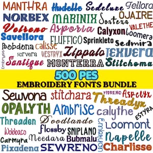 Może przedstawiać: Obraz przedstawia zestaw czcionek do haftu, w różnych stylach i kolorach. Obraz zawiera tekst "500 PES EMBROIDERY FONTS BUNDLE" na żółtym banerze, z licznymi nazwami czcionek.
