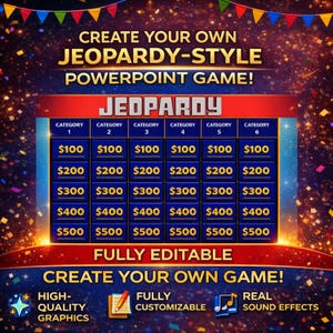 Może przedstawiać: Grafika cyfrowa promująca grę PowerPoint w stylu Jeopardy. Projekt zawiera układ planszy z kategoriami i kwotami pieniędzy, a także tekst "Stwórz własną grę PowerPoint w stylu Jeopardy!" i "W pełni edytowalny."