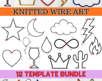 Knitted Wire Art Templates Bundle | 12 Wire Art Patterns | Tricotin Icord Wire Shapes | Wire Bending Guide with Arrows