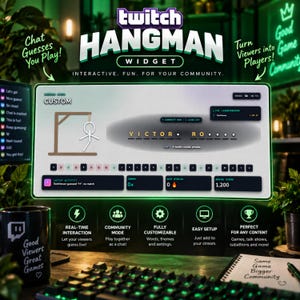 Pode incluir: Uma interface digital de widget Twitch Hangman exibida em uma tela, apresentando um boneco de palito, uma grade de seleção de letras, um placar ao vivo e estatísticas de jogo. O texto inclui Twitch HANGMAN WIDGET, CUSTOM, VICTOR RO e LATEST ACTIVITY. O design usa um tema escuro com detalhes em verde neon, exibindo elementos interativos para comunidades de transmissão ao vivo.