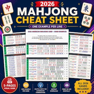 Puede incluir: Una colorida guía visual en PDF de 5 páginas titulada "2026 Mahjong Cheat Sheet". La guía incluye ejemplos para cada mano, consejos útiles y descarga instantánea. El texto incluye "2026 American Mahjong Card - Hand Examples" y "All 2026 Hands Included!"