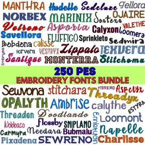 Paquete de fuentes de bordado PES / 250 fuentes para máquina de bordar / Paquete de alfabeto para bordado / Letras de escritura y monograma / 250 fuentes en 3 tamaños