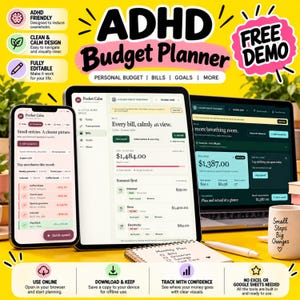 May include: A digital ADHD Budget Planner displayed on a smartphone, tablet, and laptop screen. The interface features sections for personal budget, bills, and goals. A small mug with the text Small Steps Big Changes sits nearby.