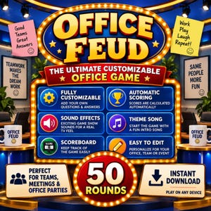 Op de afbeelding: Een digitaal spel genaamd Office Feud met een blauwe en gouden spelshow-interface met 50 rondes. Het scherm toont functies zoals volledig aanpasbare vragen, automatische puntentelling, geluidseffecten, een themalied en eenvoudig bewerken.