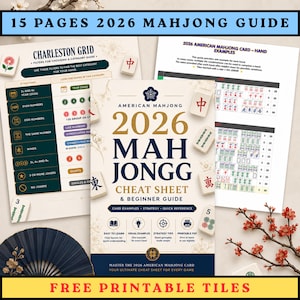 Könnte beinhalten: Ein Leitfaden für American Mahjong, mit einem Cheat Sheet und einem Anfängerleitfaden. Das Cover zeigt "2026 MAH JONGG" in großen goldenen Buchstaben. Der Leitfaden enthält Kartenbeispiele, Strategietipps und Kurzinformationen. Das Bild zeigt auch druckbare Kacheln.
