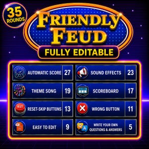 May include: A digital graphic for "Friendly Feud" with a blue and gold color scheme. The title is in large, yellow, block letters. Features include automatic scoring, sound effects, theme song, scoreboard, reset buttons, and the ability to write your own questions.