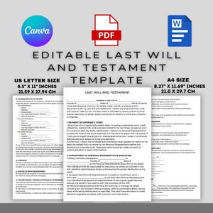 May include: An editable last will and testament template, available in US Letter size (21.59cm x 27.94cm) and A4 size (21.0cm x 29.7cm). The document includes sections for estate distribution, expenses, and appointment of a personal representative. The design features Canva, PDF, and Word logos.