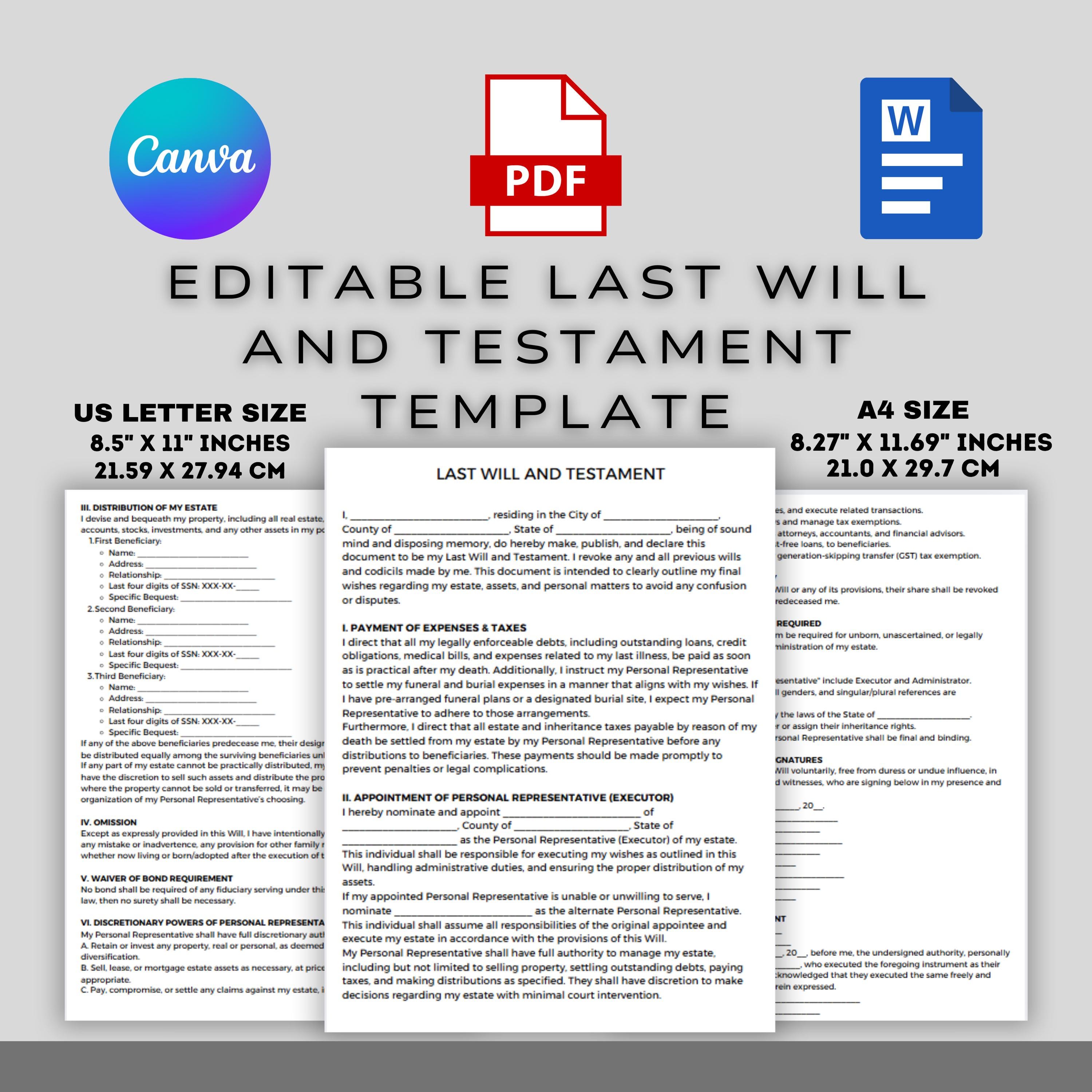 Last Will and Testament Template | Editable & Printable Last Will Form ...