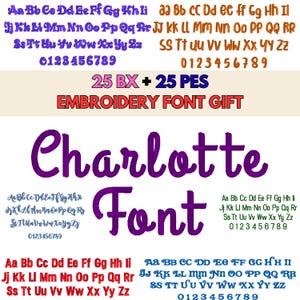 Charlotte Embroidery Font Set | 5 Sizes 1"-3" | Machine Alphabet | Machine Embroidery | 25 BX + 25 PES Fonts Gift