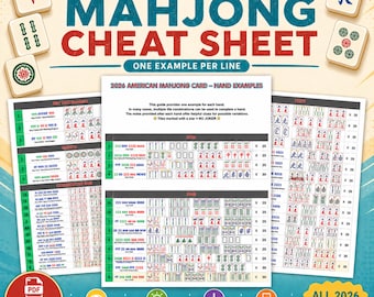 Hoja de trucos de Mahjong 2026 imprimible, guía visual de manos de cartas americanas, versión simple, un ejemplo por línea.