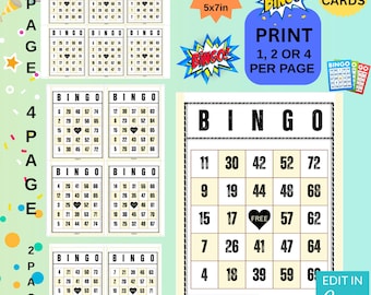 100 Bingo Cards Printable PDF | Canva Editable | 1, 2, 4 Per Page | Large Print | Instant Download | Party Game | Custom Bingo Cards