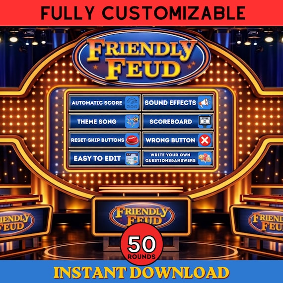 Editable Friendly Feud Game | Customizable Game Show with Auto Score | Interactive Game Night | Perfect for Adults - Kids |
