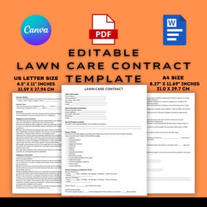 May include: Editable lawn care contract template in US Letter and A4 sizes. The template includes sections for client information, service provider information, service property location, scope of work, service frequency & payment terms, and other important details.