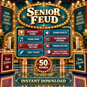 May include: A digital game board titled Senior Feud with a teal and gold marquee. The board features buttons for automatic score, sound effects, theme song, scoreboard options, reset-skip buttons, wrong button, easy to edit, and write your own questions.