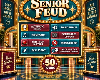 Senior Feud Game | Interactive Game for Seniors | Editable Family Feud Style Game | Senior Center Activity & Retirement Party Game