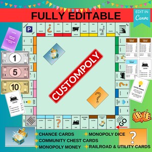 Aangepaste monopoliesjabloon | MONOPOLY bewerkbare game | Lege monopoliesjabloon | Feestspellen | Monopoly-bordspel | Monopolybundel canvas