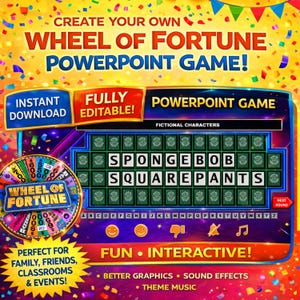 Könnte beinhalten: Ein farbenfrohes digitales Grafikdesign, das ein Wheel of Fortune PowerPoint-Spiel bewirbt. Das Design zeigt ein Spielbrett mit den Worten "SPONGEBOB SQUAREPANTS". Der Text enthält "Erstelle dein eigenes", "Sofortiger Download" und "Vollständig editierbar". Das Spiel wird als unterhaltsam und interaktiv beworben.
