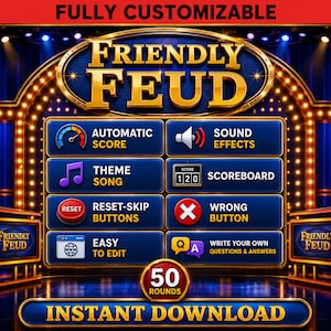May include: A digital game interface titled Friendly Feud with a blue and gold theme. It features buttons for automatic score, sound effects, theme song, scoreboard, reset-skip, wrong button, easy to edit, and write your own questions and answers.