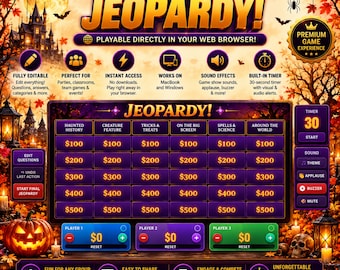 Editable Halloween Jeopardy Game | JEOPARTY Game | Interactive Game Night | Perfect for Adults - Kids | Customizable Game | Party Night