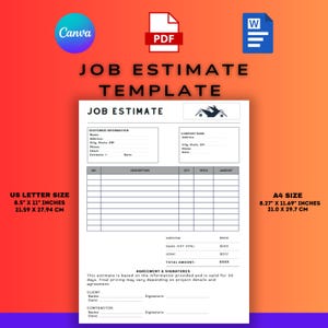 May include: A printable job estimate template in black and white with a gray and white house icon. The template includes sections for customer information, company information, description, quantity, price, and amount. The template is available in US Letter size (8.5 x 11 inches) and A4 size (8.27 x 11.69 inches).