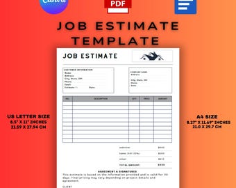 Editable Job Estimate | Work & Construction Bid |  Work Estimate Form | Painting, Electrical, Tile, Remodeling | PDF - Word Template