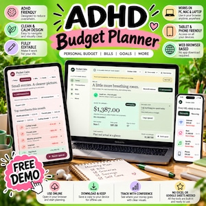 Può includere: Un pianificatore di budget ADHD digitale visualizzato su laptop, tablet e smartphone. L'interfaccia mostra il monitoraggio finanziario, elenchi di transazioni e riepiloghi di budget. Il testo include ADHD Budget Planner e Free Demo.