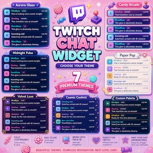 May include: A digital graphic display showcasing seven Twitch chat widget themes with various color palettes and styles. The image features text labels including Aurora Glass, Candy Arcade, Midnight Pulse, Paper Pop, Velvet Luxe, Cosmic Confetti, and Custom Palette, alongside icons of candy, hearts, and game controllers on a pink background.