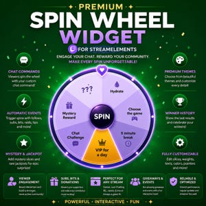 May include: A digital spin wheel widget for StreamElements featuring a purple and orange circular interface with a central spin button. The wheel is divided into segments labeled Mystery Reward, Hydrate, Choose the game, 5 minute break, VIP for a day, and Chat Challenge, surrounded by text detailing features like chat commands, themes, and customization.