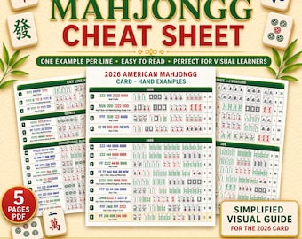Afdrukbaar mahjong-spiekbriefje 2026, visuele gids voor Amerikaanse kaarten, eenvoudige versie: één voorbeeld per regel