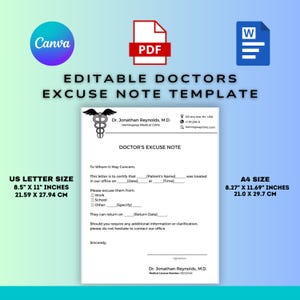 Plantilla editable de nota médica de excusa / Nota médica imprimible / Carta de excusa para el trabajo o la escuela / PDF - Word / Nota médica con firma